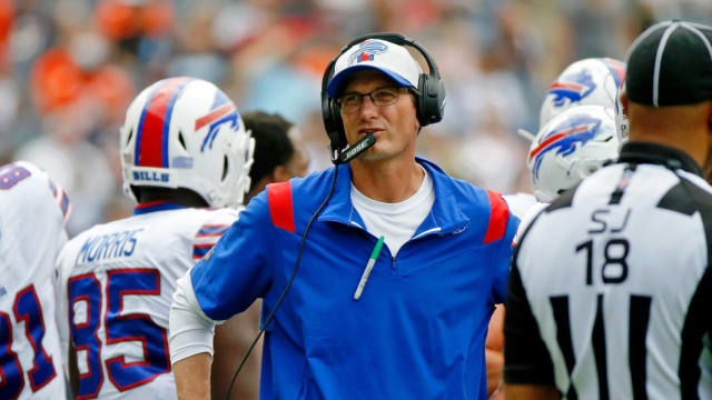 Aug 21, 2021; Chicago, Illinois, USA; Buffalo Bills passing coordinator and quarterbacks coach Ken Dorsey looks on from the sideline during the first half against the Chicago Bears at Soldier Field. The Buffalo Bills won 41-15. Mandatory Credit: Jon Durr-USA TODAY Sports